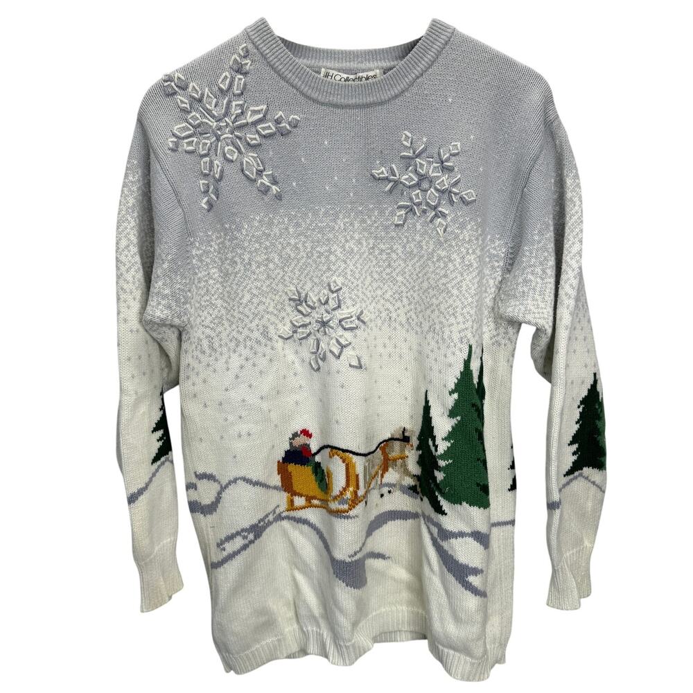 Vintage JH Collectibles Christmas Sweater Size L Blue White Snowflake Santa 90s